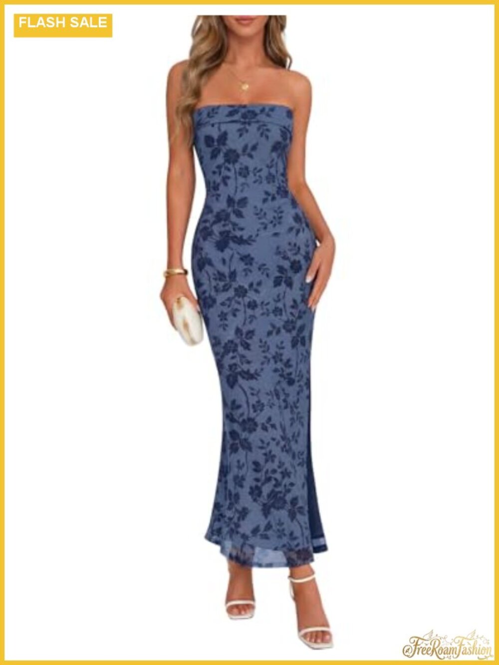 MEROKEETY Women's Strapless Maxi Dress Floral Bodycon Formal Cocktail